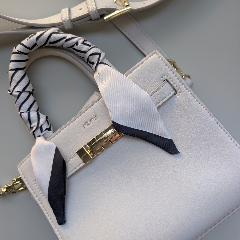 Riona Neutral Top Handle Crossbody Purse Elegant White Satchel with Scarf Accent